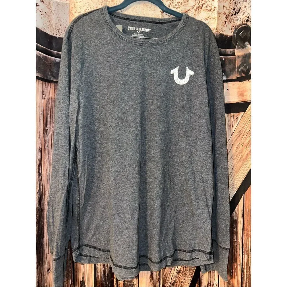 True Religion Men’s size Medium Logo Spellout Long Sleeve Tee Gray